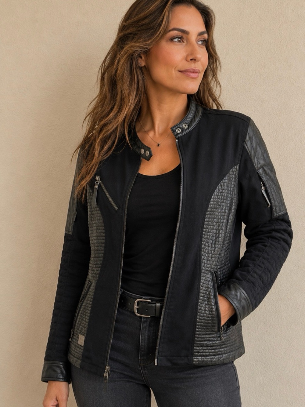 Harley-Davidson Women's Black Quilted Panel Bomber with Faux-Leather Trim